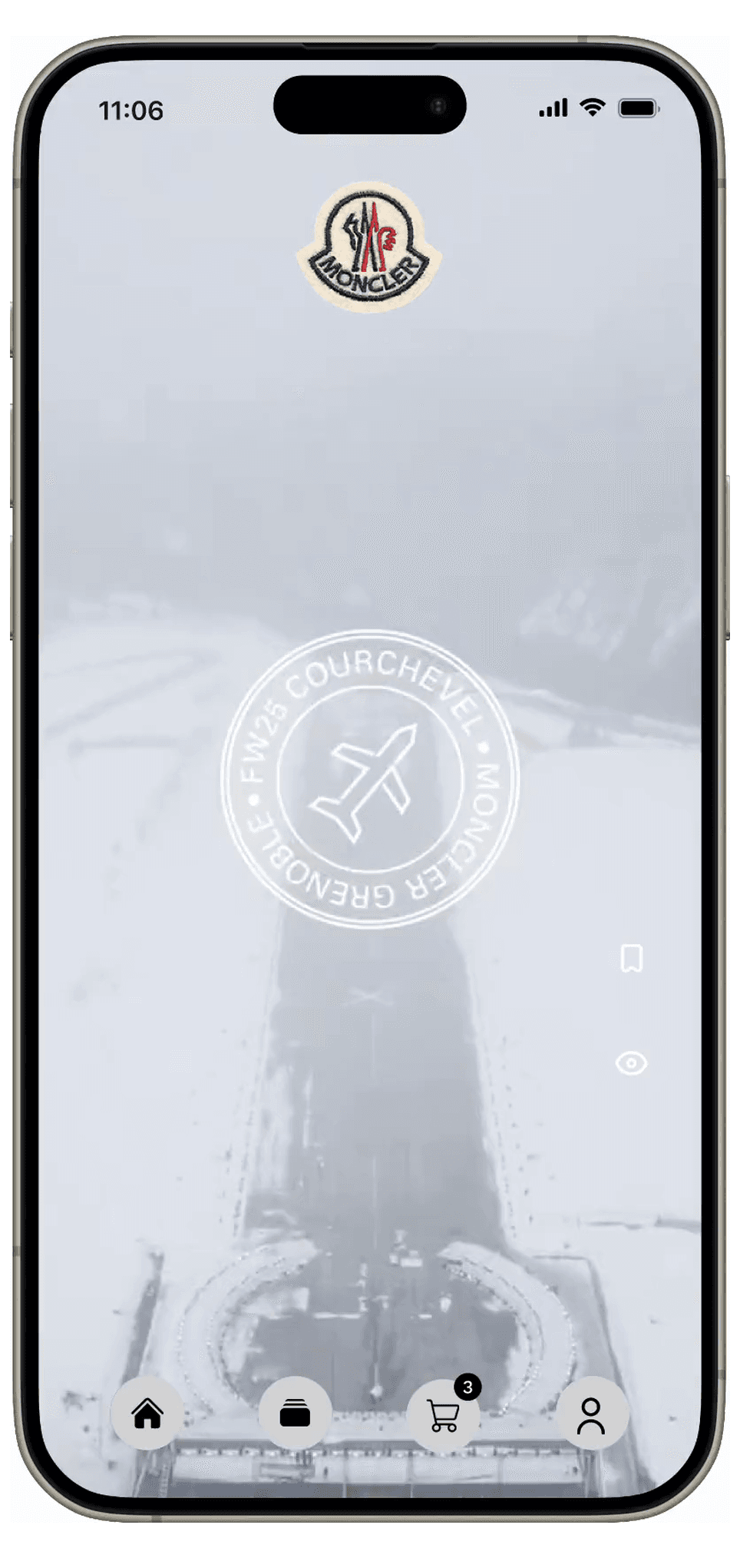 A Moncler brand channel playing a video from a ski resort