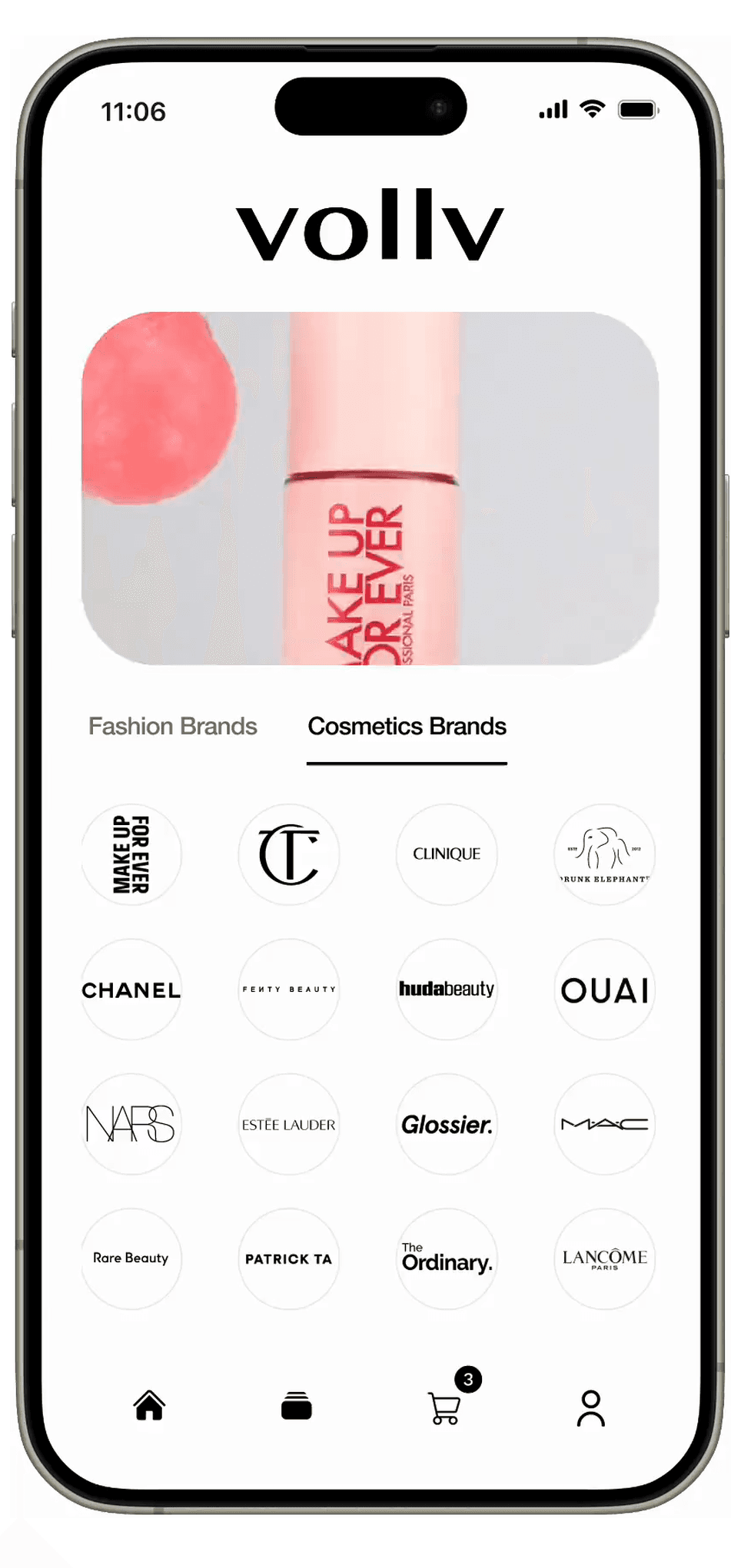 Shopping the VOLLV app: browsing cosmetics brands, then a Make Up For Ever campaign
