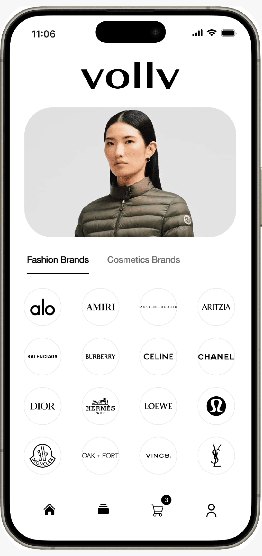 The VOLLV app showing a brand directory of fashion and cosmetics channels